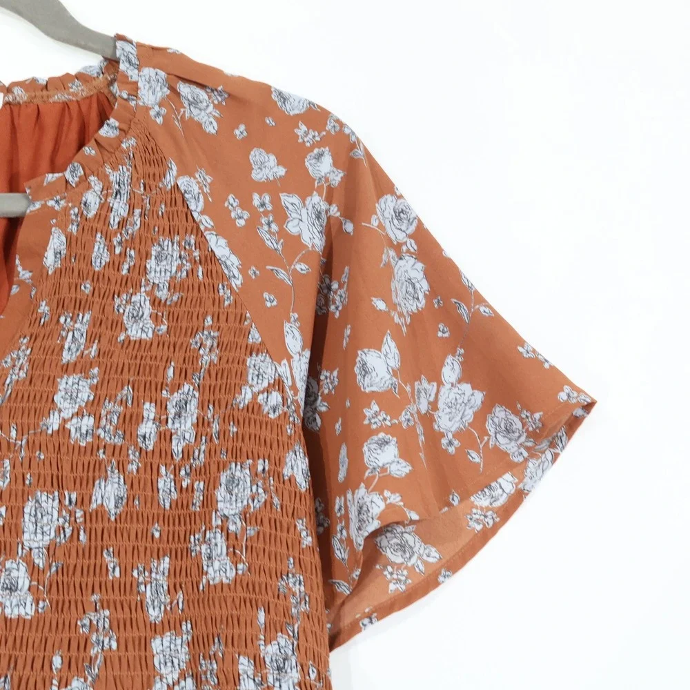 Baltic Born Floral Smocked Midi Dress Womens XL Brown Boho Pockets Flowy Fall
